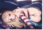  absurdres american_flag_legwear anus ass blonde_hair blue_legwear breasts censored clownpiece collarbone feet_out_of_frame hat highres jester_cap ke-ta knees_up leg_hug long_hair looking_at_viewer lying mosaic_censoring nipples no_shoes on_side pantyhose pantyhose_pull pillow polka_dot polka_dot_hat purple_hat pussy red_eyes red_legwear scan small_breasts solo star star_print striped striped_legwear thighs touhou translated very_long_hair white_legwear 