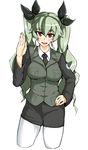  alternate_costume anchovy bangs black_jacket black_neckwear black_ribbon black_skirt cowboy_shot cropped_legs dress_shirt drill_hair emblem girls_und_panzer green_hair hair_between_eyes hair_ribbon hand_on_hip jacket long_hair long_sleeves looking_at_viewer military military_uniform miniskirt necktie nexas pantyhose parted_lips pencil_skirt red_eyes ribbon selection_university_(emblem) selection_university_military_uniform shirt simple_background skirt smile solo standing twin_drills twintails uniform waving white_background white_legwear white_shirt 