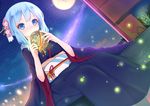  ball blue_eyes blue_hair blush dated dutch_angle eromanga_sensei flower hair_flower hair_ornament hair_up highres izumi_sagiri japanese_clothes kimono long_hair looking_at_viewer menghuan_tian night nose_blush obi sash sidelocks sky smile solo temari_ball 