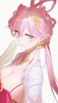  1girl absurdres breasts chinese_commentary chinese_hairstyle cleavage commentary_request diamond-shaped_pupils diamond_(shape) dress earrings elf elysia_(hi_love_elf)_(honkai_impact) elysia_(honkai_impact) feixianji_(hairstyle) hair_rings highres honkai_(series) honkai_impact_3rd jewelry large_breasts long_hair looking_at_viewer official_alternate_costume pink_hair pointy_ears purple_eyes red_dress sang_sha shuangyaji simple_background smile solo symbol-shaped_pupils upper_body very_long_hair white_background 
