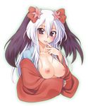  blush breasts cum cum_in_mouth cum_on_body cum_on_breasts cum_on_upper_body flower hair_flower hair_ornament highres hikabe_sakuho japanese_clothes kimono large_breasts long_hair multicolored_hair nipples no_bra open_mouth original solo tongue two-tone_hair 