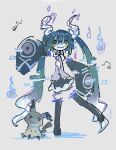  1girl blue_hair blush colored_skin detached_hair detached_legs detached_sleeves ghost_miku_(project_voltage) hatsune_miku mimikyu musical_note myon_x pokemon pokemon_(creature) project_voltage vocaloid white_background white_skin will-o'-the-wisp_(mythology) 