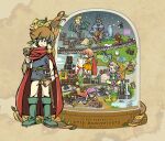  2boys 3girls ahoge animal_on_head anniversary bartz_klauser beard bird bird_on_head blonde_hair blue_eyes blue_tunic boots brown_boots brown_hair castle china_dress chinese_clothes chocobo cloak closed_mouth clothes_hanger commentary_request copyright_name crystal dragon dress facial_hair faris_scherwiz final_fantasy final_fantasy_v galuf_halm_baldesion green_boots green_cloak green_headband grey_hair hair_between_eyes head_on_hand headband highres holding holding_clothes_hanger holding_scroll holding_staff holding_stick indian_style krile_mayer_baldesion_(ff5) lenna_charlotte_tycoon lying miri_(mirik) moogle multiple_boys multiple_girls mustache old old_man on_head on_side orange_dress pants pink_hair ponytail purple_hair pyramid_(structure) red_cloak red_dress riding_dragon scroll short_hair sitting smile staff stick swept_bangs treasure_chest tunic twitter_username white_mage_(final_fantasy) white_pants wizard 