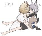  2girls absurdres aged_down aglaea_(honkai:_star_rail) ancient_greek_clothes animal_ears bare_shoulders between_legs blonde_hair blue_eyes blush cat_ears cat_girl cat_tail cipher_(honkai:_star_rail) cipher_(in_pursuit_of_the_wind)_(honkai:_star_rail) cloak clothes_lift flower gloves greco-roman_clothes grey_hair hair_flower hair_ornament hand_on_another's_stomach highres honkai:_star_rail honkai_(series) hood hooded_cloak laurel_crown laurels multiple_girls navel sapo_(bananilsonfarofa) shirt_lift short_hair shorts sweat tail tunic undressing_another yuri 