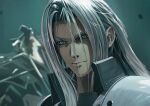  1boy absurdres armor black_coat blurry blurry_background closed_mouth coat commentary_request final_fantasy final_fantasy_vii final_fantasy_vii_remake green_eyes grey_hair hair_between_eyes hair_intakes highres long_bangs long_hair male_focus parted_bangs sephiroth shoulder_armor slit_pupils solo upper_body zupakyo 