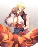  1boy 1girl aerith_gainsborough aerith_gainsborough_(garnet's_gown) arms_around_waist artist_name bandaged_wrist bandages bare_shoulders black_choker black_gloves black_vest black_wrist_cuffs blonde_hair bow braid braided_ponytail brown_hair choker closed_eyes cloud_strife cloud_strife_(zidane's_outfit) commentary_request cosplay couple cow demi_co dress final_fantasy final_fantasy_vii final_fantasy_vii:_ever_crisis garnet_til_alexandros_xvii garnet_til_alexandros_xvii_(cosplay) gloves grey_background hair_bow hair_ornament hairclip hetero highres juliet_sleeves kissing_hair long_dress long_hair long_sleeves official_alternate_costume orange_dress parted_bangs puffy_sleeves shirt short_hair sidelocks single_braid sleeveless sleeveless_turtleneck spiked_hair suspenders sweater turtleneck twitter_username vest white_shirt white_sweater wrist_cuffs zidane_tribal zidane_tribal_(cosplay) 
