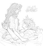  1boy 1girl aerith_gainsborough animal_ears arm_around_waist biting biting_ear blush chibi chibi_inset cloud_strife couple final_fantasy final_fantasy_vii greyscale hair_between_eyes hand_in_another's_hair heavy_breathing hetero highres long_hair mmmckayyy monochrome parted_bangs rabbit_ears shirt short_hair short_sleeves sidelocks spiked_hair t-shirt tail tail_wagging wavy_hair white_background wolf_ears wolf_tail 