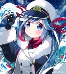  1girl aqua_eyes aqua_hair black_gloves black_necktie blush closed_mouth collared_shirt commentary_request derivative_work fur-trimmed_jacket fur-trimmed_sleeves fur_trim gloves gradient_hair hair_between_eyes hair_ornament hair_ribbon hat hatsune_miku highres jacket kasaki_sakura light_blush long_hair long_sleeves looking_at_viewer multicolored_hair necktie official_alternate_costume official_alternate_hairstyle peaked_cap red_hair red_ribbon red_shirt ribbon sailor_hat shirt snowflakes solo twintails very_long_hair vocaloid white_hat yuki_miku yuki_miku_(2022) 