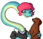 2024 5_fingers anthro brachiosaurid brachiosaurus brown_body brown_fur canid canine canis cavemanon_studios clothing collared_shirt dachshund digital_drawing_(artwork) digital_media_(artwork) dinosaur domestic_dog duo eyelashes faustanon female feral fingers floppy_ears fur green_body green_scales hair hunting_dog i_wani_hug_that_gator liz_farlane long_ears long_neck macronarian mammal multicolored_body multicolored_scales pink_hair prehistoric_species reptile rosy_cheeks saurischian sauropod sauropodomorph scales scalie shirt short_hair simple_background smile snout teal_eyes topwear turquoise_body turquoise_scales two_tone_body two_tone_scales white_background