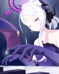 1girl ;) bare_shoulders black_bow black_horns blue_archive blue_background blurry bow breasts closed_mouth collarbone commentary_request demon_girl demon_horns demon_wings depth_of_field dress earrings elbow_gloves frilled_dress frills gloves hair_bow halo hands_up highres hina_(blue_archive) hina_(dress)_(blue_archive) horns instrument jewelry long_hair looking_down mitsume310i music necklace official_alternate_costume official_alternate_hairstyle one_eye_closed piano playing_instrument playing_piano purple_dress purple_eyes purple_gloves purple_halo simple_background slit_pupils small_breasts smile solo split_mouth strapless strapless_dress upper_body white_hair wings 