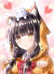  1girl absurdres animal_ear_fluff animal_ear_hood animal_ears animal_on_head asakura_karen_(heaven_burns_red) ayaro_(genkiloobaii) bell black_hair blunt_bangs blush bow bowtie cat cat_ears cat_girl cat_on_head closed_mouth commentary_request eyelashes flying_sweatdrops hair_bell hair_ornament hands_up heart heaven_burns_red highres hood hood_up hoodie jingle_bell kemonomimi_mode long_hair looking_at_viewer low_twintails on_head orange_hoodie paw_pose pink_background red_bow red_bowtie simple_background sleeves_past_wrists smile solo split_mouth twintails upper_body white_cat yellow_eyes 