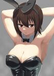  1girl absurdres animal_ears armpits artist_name black_ribbon breasts brown_eyes brown_hair closed_mouth commentary_request detached_collar fake_animal_ears girls_und_panzer grey_background highres kuraeraru large_breasts leotard looking_at_viewer nishizumi_maho playboy_bunny rabbit_ears ribbon short_hair simple_background solo strapless wrist_cuffs 