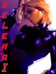  1girl absurdres black_bodysuit blonde_hair bodysuit character_name commentary earrings english_commentary gun highres jewelry maebiel marvel revolver short_hair solo striped_bodysuit superhero_costume thunderbolts_(movie) weapon yelena_belova 