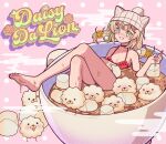  1girl =_= absurdres barefoot beanie bikini blonde_hair blush braid breasts castussan character_name chromashift cleavage closed_eyes collarbone commentary creature crossed_legs cup daisy_dandelion diamond-shaped_pupils diamond_(shape) dripping english_commentary eyelashes fingernails food green_eyes green_hair green_nails green_pupils green_streaks hair_ornament hat highres hot_chocolate in_container in_cup marshmallow multicolored_hair nail_polish nose_blush partially_submerged pom_pom_(clothes) red_bikini second-party_source smile streaked_hair swimsuit symbol-shaped_pupils twin_braids twintails two-tone_hair virtual_youtuber wet white_hat 