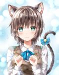  1girl absurdres animal_ear_fluff animal_ears aoi_erika aqua_eyes ayaro_(genkiloobaii) bell black_hair blue_background blue_bow blue_bowtie blush bow bowtie breasts brown_vest cat_ears cat_girl cat_tail closed_mouth collared_shirt commentary_request dress_shirt eyelashes eyes_visible_through_hair flying_sweatdrops hair_between_eyes hands_up heaven_burns_red highres jingle_bell kemonomimi_mode large_breasts long_sleeves looking_at_viewer medium_hair paw_pose shirt simple_background smile solo straight-on tail tail_bell tail_bow tail_ornament tail_raised upper_body vest white_shirt wolf_cut 