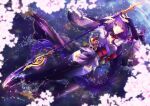  1girl bluajisai blunt_bangs braid breasts bridal_gauntlets cherry_blossoms cleavage closed_mouth engulfing_lightning_(genshin_impact) from_above full_body genshin_impact hair_ornament highres holding holding_polearm holding_weapon japanese_clothes kimono long_braid long_hair looking_at_viewer medium_breasts mole mole_under_eye neck_ribbon outdoors polearm purple_eyes purple_hair purple_kimono raiden_shogun red_ribbon red_sash reflection reflective_liquid ribbon sash single_braid solo water weapon 