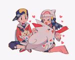  1boy 1girl baseball_cap beanie black_hair blue_hair boots commentary dawn_(pokemon) ethan_(pokemon) happy hat heart hinann_bot holding holding_pokemon pink_boots pokemon pokemon_(creature) pokemon_dppt pokemon_gsc scarf sitting sitting_on_lap sitting_on_person togekiss togepi white_background 