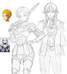  1boy 1girl armor blonde_hair closed_mouth commentary_request eyelashes greyscale hand_on_own_hip highres holding holding_sword holding_weapon korean_commentary link lz_rkgk medium_hair monochrome official_alternate_hair_length official_alternate_hairstyle official_art_inset over_shoulder pixie_cut pointy_ears princess_zelda prototype_design reference_inset short_hair sidelocks simple_background smile sword sword_over_shoulder the_legend_of_zelda the_legend_of_zelda:_tears_of_the_kingdom very_short_hair weapon weapon_over_shoulder white_background 