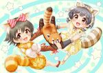  2girls :d akagi_miria animal animal_ear_fluff animal_ears arrow_(symbol) black_hair blush bow brown_bow brown_eyes brown_shoes commentary_request dated diagonal-striped_bow fake_animal_ears frilled_sailor_collar frills grey_hair hair_bow hair_ornament hairclip highres holding_hands idolmaster idolmaster_cinderella_girls idolmaster_million_live! interlocked_fingers layered_sleeves long_sleeves multiple_girls nakatani_iku pantyhose plaid_bow plaid_clothes plaid_skirt red_panda regular_mow sailor_collar shirt shoes short_over_long_sleeves short_sleeves skirt smile star_(symbol) striped_bow striped_clothes striped_pantyhose striped_tail suspender_skirt suspenders tail twitter_username watermark white_shirt x_hair_ornament yellow_sailor_collar yellow_shoes yellow_skirt 
