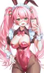  1girl absurdres animal_ears black_pantyhose black_shrug bow bowtie breasts cellphone cleavage covered_navel cowboy_shot ear_piercing fake_animal_ears fang food-themed_hair_ornament green_eyes hair_ornament hand_on_own_hip highres holding holding_phone leotard long_hair maid_headdress mole mole_on_breast mole_on_neck nail_polish open_mouth original pantyhose phone piercing pink-framed_eyewear pink_bow pink_bowtie pink_hair pink_leotard pink_nails playboy_bunny rabbit_ears semi-rimless_eyewear short_sleeves shrug_(clothing) side-tie_leotard sidelocks simple_background skin_fang smartphone smartphone_case solo strawberry_hair_ornament teardrop-framed_glasses translated twintails white_background white_wrist_cuffs wrist_cuffs yuuri_(0914yuuri_k) 