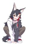  1girl ;d animal_ear_fluff animal_ears arms_between_legs belt_collar black_collar black_hair black_hoodie black_pantyhose blush brown_eyes collar commentary_request double-parted_bangs drawstring eihire fang flipped_hair full_body hair_between_eyes hair_ornament hairclip high_tops highres hololive hood hood_down hoodie long_hair long_sidelocks looking_at_viewer multicolored_hair official_alternate_costume one_eye_closed ookami_mio ookami_mio_(hoodie) open_mouth pantyhose paw_print paw_print_pattern red_streaks shoelaces shoes sidelocks single_hair_streak skin_fang sleeves_past_wrists smile sneakers solo spiked_hair squatting streaked_hair tail two-tone_hoodie v-shaped_eyebrows v_arms very_long_hair virtual_youtuber white_hoodie white_shoes wolf_ears wolf_girl wolf_tail 