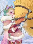  1girl adapted_costume artist_name bird blurry blurry_background boots cape capelet cheek-to-cheek chocobo commentary_request cowboy_shot dress eakanasu earrings final_fantasy final_fantasy_vi fur-trimmed_capelet fur-trimmed_gloves fur-trimmed_skirt fur_trim gloves green_hair hair_bobbles hair_ornament hair_ribbon heads_together highres jewelry long_hair miniskirt one_eye_closed open_mouth pantyhose pink_cape pink_capelet pink_pantyhose pink_skirt ponytail print_pantyhose purple_eyes purple_ribbon red_boots red_dress red_sleeves ribbon short_dress sidelocks skirt smile snow terra_branford thigh_boots winter winter_clothes 