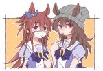  2girls beanie beer_hsk blue_ribbon bow brown_background brown_hair closed_mouth ear_ribbon ears_through_headwear grey_hat hair_between_eyes hat long_hair looking_at_viewer mask mouth_hold mouth_mask multiple_girls nakayama_festa_(umamusume) orfevre_(old_design)_(umamusume) purple_bow purple_eyes purple_shirt ribbon school_uniform shirt striped_clothes striped_headwear tracen_school_uniform two-tone_background umamusume upper_body vertical-striped_clothes vertical-striped_headwear very_long_hair white_background 