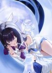  1girl ayul_(ayulneri_92) bare_shoulders black_hair blue_dress blush breasts closed_eyes colored_inner_hair columbina_(genshin_impact) dress eye_mask genshin_impact hair_ornament highres long_hair long_sleeves luonnotar_(genshin_impact) mask medium_breasts multicolored_hair open_mouth red_hair sidelocks two-tone_dress white_dress white_mask wide_sleeves wing_hair_ornament 