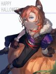  1boy absurdres alternate_costume animal_ear_piercing animal_ears animal_hands belt belt_collar black_pants blue_eyes bungou_stray_dogs closed_mouth collar commentary_request crop_top fake_animal_ears from_above full_body fur-trimmed_crop_top gloves happy_halloween hiba_riko highres looking_at_viewer male_focus nakajima_atsushi_(bungou_stray_dogs) orange_hair pants paw_gloves red_belt red_collar short_hair simple_background solo torn_clothes white_background wolf_paws 