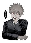  1boy bakugou_katsuki black_jacket blonde_hair boku_no_hero_academia buttoned_cuffs buttons commentary_request gakuran hand_on_own_face head_rest highres jacket layered_sleeves long_sleeves looking_at_viewer male_focus neminemisho open_mouth parted_bangs red_eyes school_uniform simple_background solo speech_bubble spiked_hair teeth translation_request upper_teeth_only watermark white_background 
