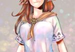  1girl breast_focus breasts brown_hair brown_neckerchief closed_mouth commentary_request cremia eyes_out_of_frame grey_background head_out_of_frame highres illust_mi large_breasts long_hair neckerchief pointy_ears shirt smile solo the_legend_of_zelda the_legend_of_zelda:_majora's_mask white_shirt 