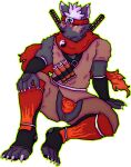 absurd_res accessory alpha_channel anthro asian_clothing black_body black_nose bulge canid canine cel_shading claws clothed clothing east_asian_clothing finger_claws full-length_portrait fundoshi hair headband hi_res japanese_clothing kamrynkam katana lifewonders looking_away male mammal melee_weapon ninja outline paws plantigrade portrait red_clothing red_eyes red_fundoshi red_underwear scarf shaded simple_background sitting solo solo_focus sword tadatomo_(tas) toe_claws tokyo_afterschool_summoners transparent_background underwear warrior weapon weapon_on_back white_hair yellow_sclera yin_yang