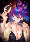 1girl bandage_on_face bandages bandaid bandaid_on_face bandaid_on_nose black_dress blue_eyes blue_hair breasts cleavage commentary confetti cup dress drinking_glass english_commentary hair_ornament highres indie_virtual_youtuber jewelry large_breasts melody_(projektmelody) multicolored_hair murmoruno necklace open_mouth ponytail purple_hair smile streaked_hair triangle_hair_ornament virtual_youtuber wine_glass 