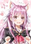  1girl ^^^ absurdres animal_ear_fluff animal_ears ascot ayaro_(genkiloobaii) black_cape blush cape cat_ears cat_girl collared_shirt commentary_request double_bun extra_ears eyes_visible_through_hair fang flying_sweatdrops hair_between_eyes hair_bun hair_ribbon heart heaven_burns_red highres kemonomimi_mode kunimi_tama long_hair looking_at_viewer open_mouth paw_pose paw_print pink_eyes pink_hair red_ascot ribbon shirt sidelocks simple_background solo story_in_commentary surprised sweatdrop upper_body very_long_hair white_background white_ribbon white_shirt wide-eyed 
