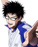  1boy arm_up black-framed_eyewear black_hair collared_shirt commentary_request highres inui_sadaharu male_focus open_mouth puff_of_air rectangular_eyewear roiopp shirt short_hair simple_background solo spiked_hair sweat teeth tennis_no_ouji-sama upper_body white_background 