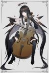  1girl absurdly_long_hair antenna_hair arknights artist_name ascot black_ascot black_eyes black_gloves black_hair black_halo black_shirt black_shoes black_skirt black_thighhighs black_wings blunt_bangs bow_(music) breasts bright_pupils broken_halo buttons card card_background cello chinese_commentary cigarette_p closed_mouth collared_jacket colored_inner_hair commentary_request dark_halo detached_wings dress_shirt energy_wings full_body gloves grey_hair halo hands_up high_heels highres hime_cut holding holding_bow_(music) holding_instrument holding_violin instrument invisible_chair invisible_floor jacket layered_sleeves light_smile long_hair long_sleeves looking_at_viewer medium_breasts miniskirt mole mole_under_eye multicolored_hair music pale_skin playing_instrument pleated_skirt pouch shirt shoes short-sleeved_jacket short_over_long_sleeves short_sleeves sidelocks simple_background sitting skirt solo spread_legs straight_hair strap strappy_heels thighhighs two-tone_hair very_long_hair violin virtuosa_(arknights) white_background white_jacket white_pupils wide_sleeves wing_collar wings zettai_ryouiki 