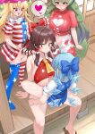  4girls american_flag_dress ascot bar_censor barefoot blonde_hair blue_bow blue_eyes blue_hair blush bow breasts brown_hair censored cirno clothes_lift clownpiece commentary day dress dress_lift erection food food_in_mouth frilled_bow frilled_hair_tubes frills futa_with_female futanari gangbang geta group_sex hair_bow hair_tubes hakurei_reimu heart highres holding holding_food holding_popsicle hot huge_breasts komano_aunn large_breasts leggings_pull long_hair multiple_girls open_mouth outdoors paizuri panties penis popsicle porch ras_(ras33635191) red_bow red_eyes red_shirt shirt shorts sitting sliding_doors summer sweat testicles thighs tongue tongue_out touhou underboob underwear variant_set veranda white_panties white_shorts yellow_ascot 