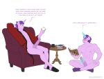animal_genitalia animal_penis anthro book clothed clothing container crossed_legs cup duo end_table equid equine equine_genitalia equine_penis erection footwear friendship_is_magic genitals glowing hair hasbro hi_res horn magic magical_masturbation male male/male mammal masturbation medial_ring muscular muscular_male my_little_pony mythological_creature mythological_equine mythology open_clothing open_robe penis pink_body purple_hair robe shallowwin shoes side_table sitting slippers snapping_fingers socks starlight_glimmer_(mlp) tea_cup unicorn