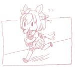  1girl animal_ears bag beer_hsk bow braid carrot chibi flying_sweatdrops food_in_mouth hair_between_eyes horse_ears horse_girl horse_tail monochrome mouth_hold multicolored_hair pleated_skirt puffy_short_sleeves puffy_sleeves running school_bag school_uniform shirt short_sleeves skirt solid_oval_eyes solo special_week_(umamusume) tail thighhighs tracen_school_uniform two-tone_hair umamusume white_background 