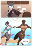 anthro beach beach_umbrella big_breasts blue_eyes blush bra breasts cafe clothed clothed_anthro clothed_female clothing comic dialogue domestic_cat duo english_text felid feline felis female female/female hand_holding hi_res hybrid jessica_(disambiguation) jessica_(narusewolf) josiah josiah_(narusewolf) male mammal monotreme mustelid narusewolf nude otter parasol patreon patreon_logo platypus public red_eyes running sand shy slim summer surprised swimsuit_only swimwear text underwear url