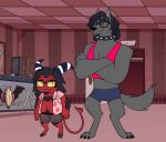 anthro belly body_hair bottomwear canid canid_demon canine clothed clothing collar crop_top crossed_arms dark_sclera demon dreadlocks duo eyewear floral_shirt glasses hair hairy hazbin_hotel hellaverse hellhound helluva_boss hi_res horn hotpants imp long_hair male mammal mythological_canine mythological_creature mythology open_clothing open_shirt open_topwear shirt shorts slightly_chubby smile smiling_at_viewer tail topwear yellow_eyes yomieda