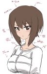  1girl ashiwara_yuu blush breasts brown_eyes brown_hair casual commentary_request girls_und_panzer highres large_breasts long_sleeves looking_at_viewer nishizumi_maho open_mouth parted_lips romaji_text shirt short_hair simple_background sketch solo striped_clothes striped_shirt upper_body white_background 