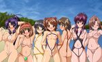  6+girls 7girls arm_up armpits ass bare_shoulders big_breasts blush breastless_clothes breastless_swimsuit breasts cameltoe chikage_(sister_princess) crotchless_swimsuit female flat_chest glasses haruka_(sister_princess) highres kaho_(sister_princess) large_breasts lineup mamoru_(sister_princess) marie_(sister_princess) multiple_girls navel nipples outdoors pussy sakuya_(sister_princess) sister_princess small_breasts smile standing swimsuit thigh_gap thighs uncensored wink yosio yotsuba_(sister_princess) 
