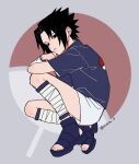  1boy bandaged_leg bandages black_eyes black_hair blue_shirt collared_shirt commentary_request from_side full_body highres hotata_3 looking_at_viewer male_focus naruto_(classic) naruto_(series) parted_lips sandals shirt short_hair short_sleeves shorts solo spiked_hair twitter_username uchiha_sasuke white_shorts 
