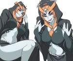  1girl black_robe breasts colored_sclera colored_skin commentary_request eyeshadow fangs front_ponytail headpiece highres hood hooded_robe large_breasts long_hair makeup midna midna_(true) multicolored_skin multiple_views nasu_(ilo_a5) navel orange_hair purple_eyeshadow purple_lips red_eyes robe smile the_legend_of_zelda the_legend_of_zelda:_twilight_princess two-tone_skin yellow_sclera 
