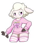 anthro bedroom_eyes bovid caprine clothing female fishnet_clothing fishnet_legwear food fruit fur hair hand_on_hip hi_res hooves horizontal_pupils humanoid jim_the_lamb legwear long_ears mammal narrowed_eyes peach_(fruit) pink_eyes pink_stockings plant pocky pupils seductive sheep shirt short_female short_hair simple_background solo stockings t-shirt text text_on_clothing text_on_shirt text_on_topwear thick_thighs topwear twtr white_body white_fur white_wool wool_(fur)