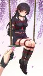  1girl absurdres arms_behind_back bdsm black_choker black_hair black_serafuku black_socks bondage bound bound_arms bound_legs breast_bondage breasts chisa_(wuthering_waves) choker collarbone commentary_request controller highres long_hair looking_at_viewer medium_breasts midriff_peek on_swing red_eyes red_ribbon remote_control restrained ribbon school_uniform serafuku shibari shibari_over_clothes shoes skindentation socks swing very_long_hair wanliu wuthering_waves 