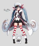  1girl 1other animal aqua_eyes aqua_hair binoculars black_coat black_gloves black_necktie black_shorts blush character_name closed_mouth coat collared_shirt commentary_request full_body fur-trimmed_coat fur-trimmed_sleeves fur_trim gloves gradient_hair grey_background hair_between_eyes hair_ornament hair_ribbon hat hatsune_miku highres holding holding_binoculars jacket long_hair long_sleeves looking_at_viewer multicolored_hair necktie official_alternate_costume official_alternate_hairstyle one_eye_closed peaked_cap rabbit rabbit_yukine red_ribbon red_shirt ribbon sailor_hat shiomachi shirt short_shorts shorts signature simple_background smile standing striped_clothes striped_thighhighs thighhighs twintails very_long_hair vocaloid white_hair white_jacket white_rabbit_(animal) yuki_miku yuki_miku_(2022) zettai_ryouiki 