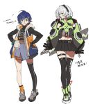  2girls anby_demara bare_shoulders belle_(zenless_zone_zero) belt black_gloves black_shirt black_skirt black_thighhighs blue_hair braid braided_sidelock closed_mouth fingerless_gloves full_body gloves green_eyes green_jacket green_sleeves grey_hair hair_ornament hands_in_pockets hashtag-only_commentary headphones hood hooded_jacket jacket letter_hair_ornament lingzi midriff multicolored_sleeves multiple_girls navel shirt short_hair simple_background single_thighhigh skirt sleeveless sleeveless_jacket smile thigh_belt thigh_strap thighhighs white_background zenless_zone_zero 