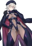  1girl absurdres ass_visible_through_thighs braid breasts covered_navel cowboy_shot english_commentary glasses gloves grey_hair hand_on_own_hip hat highres indie_virtual_youtuber kuso_otoko looking_at_viewer medium_breasts red_eyes saruei_(vtuber) scar scar_across_eye scar_on_face simple_background solo twitter_username virtual_youtuber white_background 